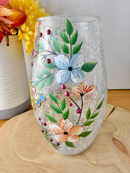 Pretty Butterfly Crackled glass Light Up Vase