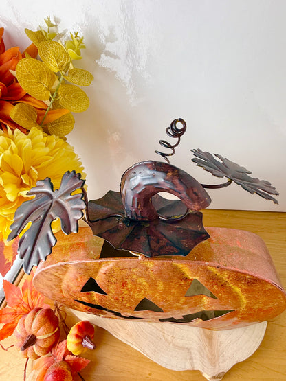 Rustic Orange Metal Pumpkin decoration with decorative stalk