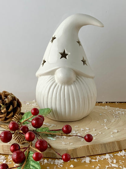 White Ceramic LED Santa with Star cutouts