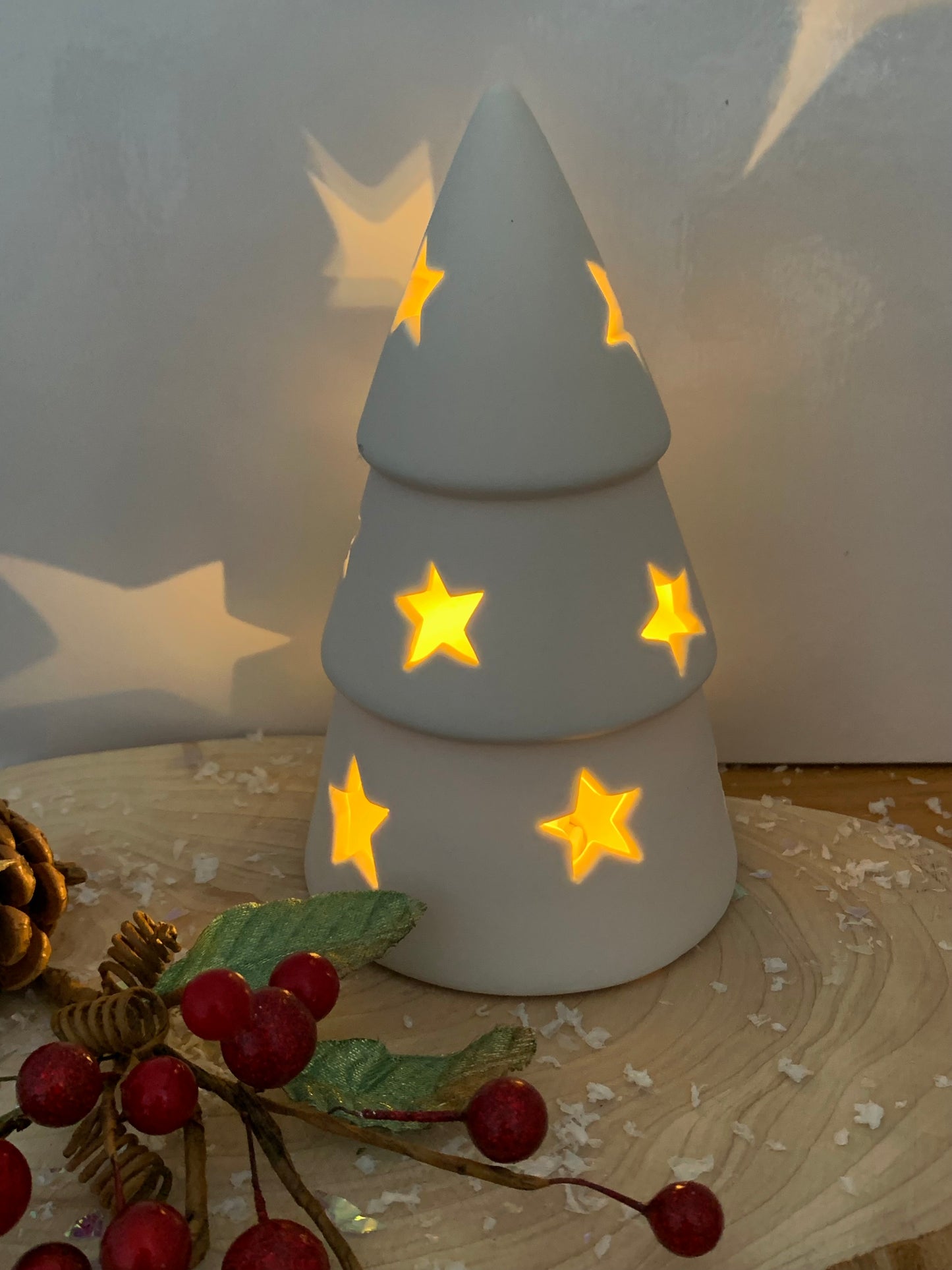 White Ceramic LED Christmas Tree with Star cutouts