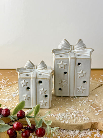 Light Up Ceramic Christmas Present with Bow - 2 Sizes