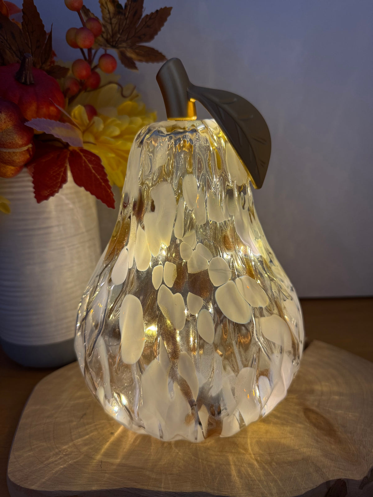 Diamond Cut Light Up Pear - Mottled Amber with gold leaf - 2 Sizes