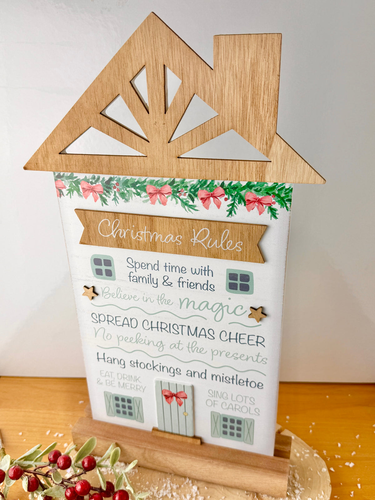 Holly Cottage Christmas Rules Wooden House Sign