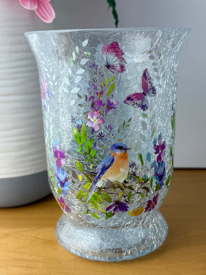 Floral Bird Hurricane Glass Vase - medium