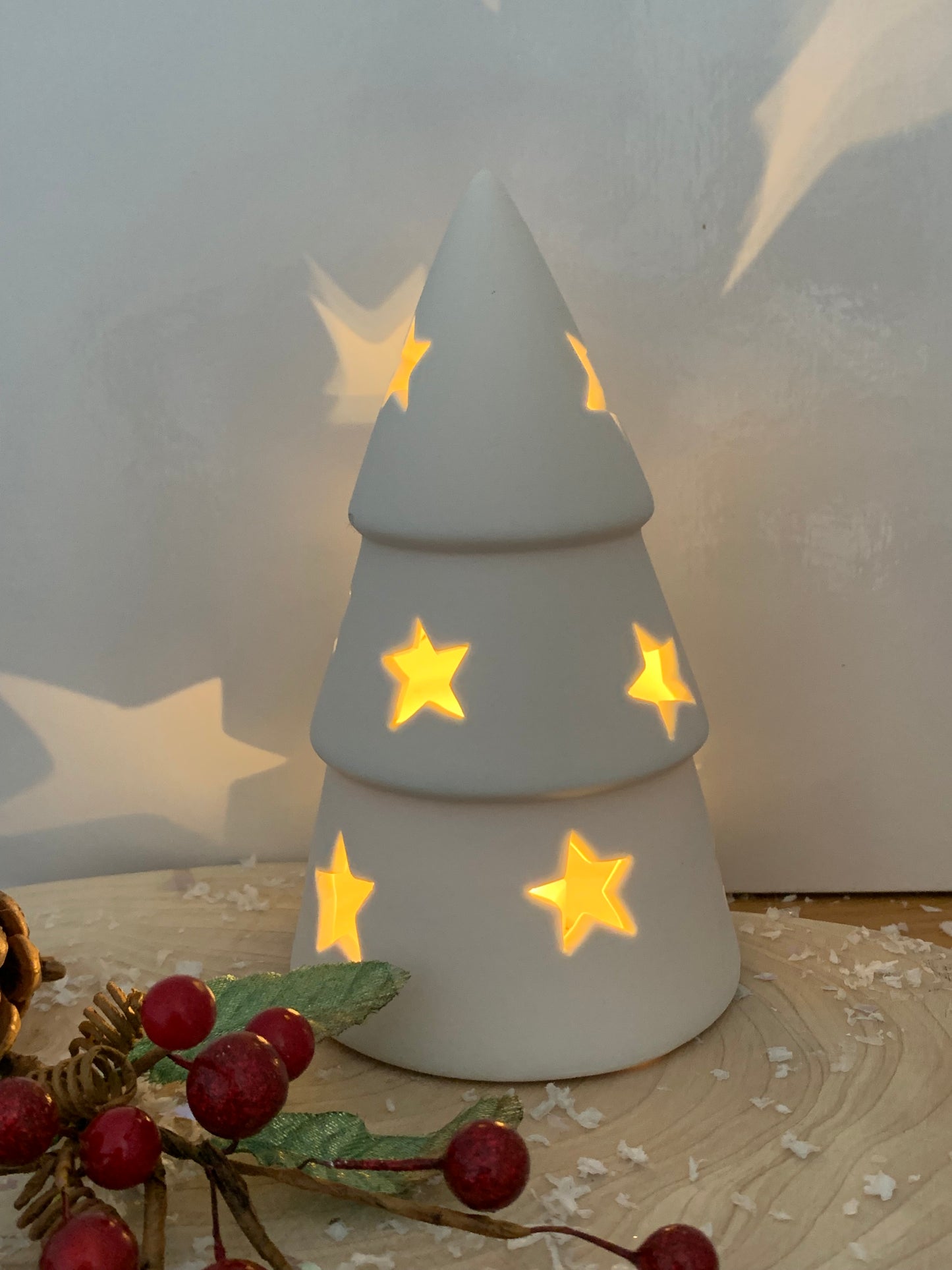 White Ceramic LED Christmas Tree with Star cutouts