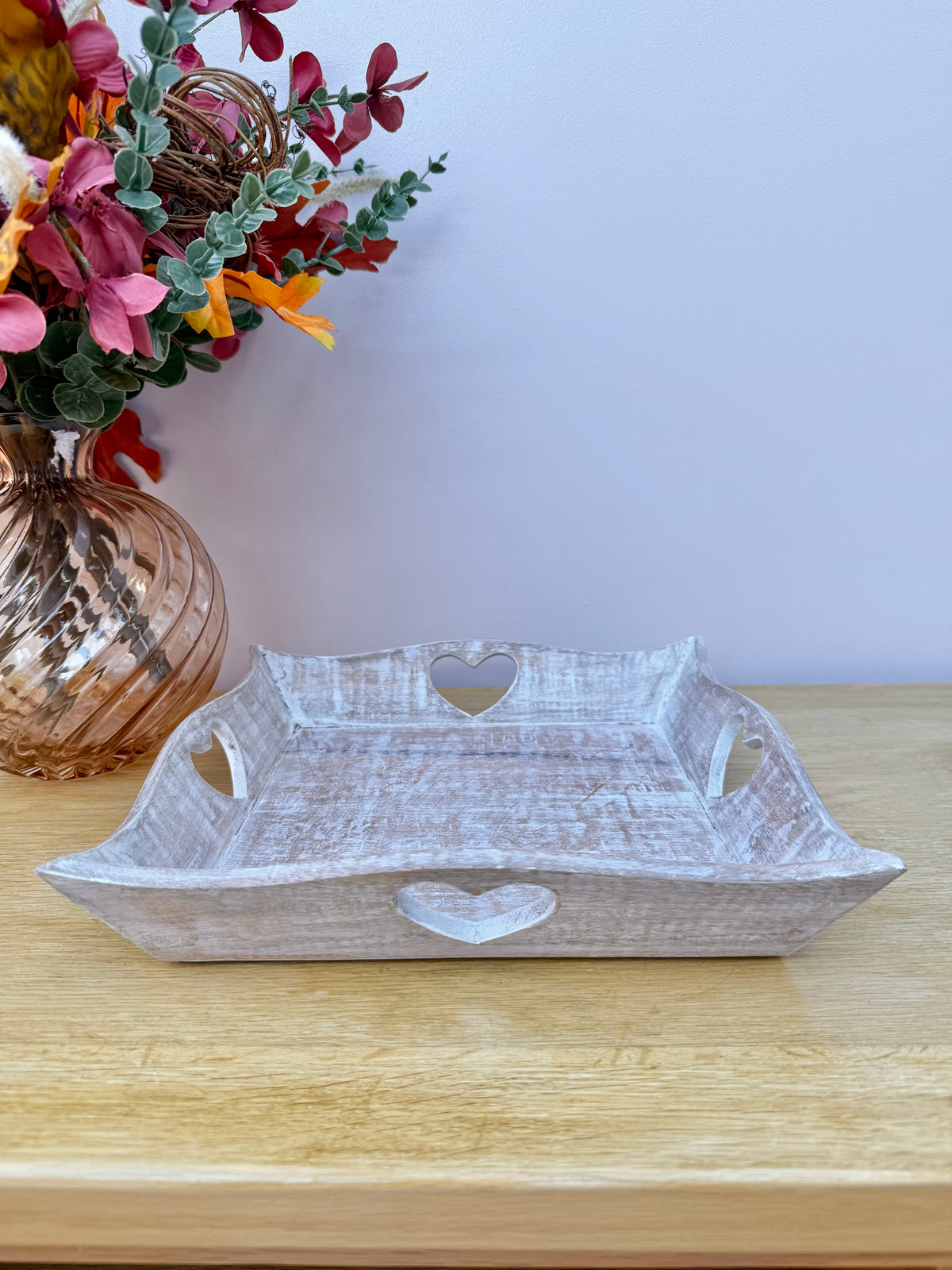 Wooden square tray with heart cutouts