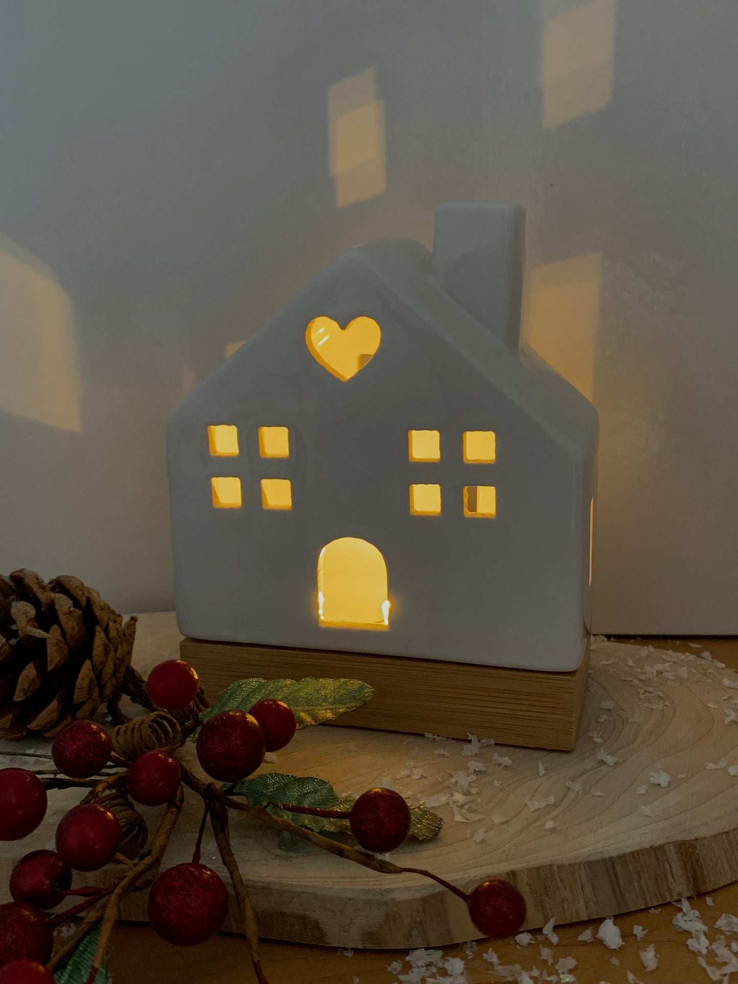 White Ceramic LED House with wooden base