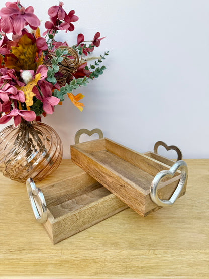 Wooden Trays with Silver heart handles - 2 sizes