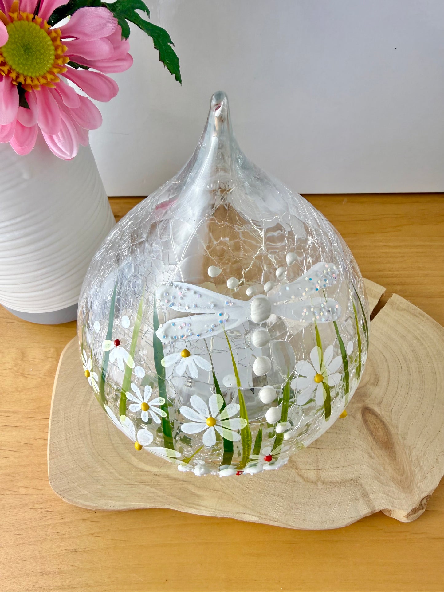 Blossom and Bloom hand painted Dragonfly glass teardrop with LED lights