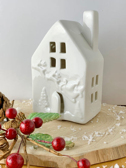 White Ceramic LED House with Santa & Sleigh - 2 sizes