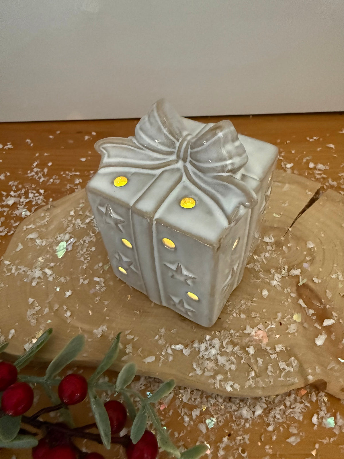 Light Up Ceramic Christmas Present with Bow - 2 Sizes