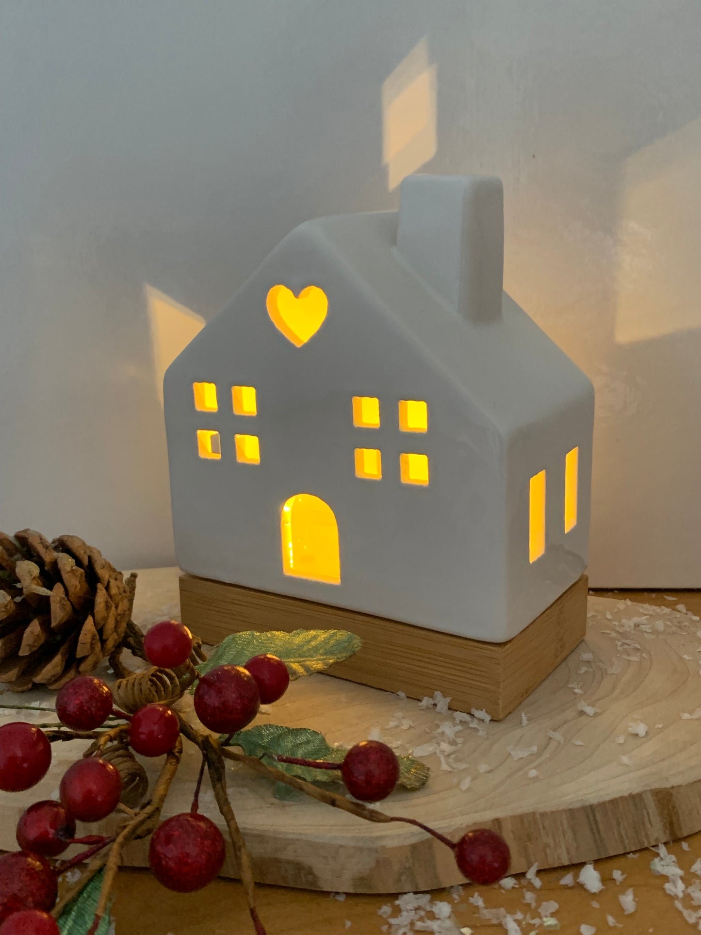 White Ceramic LED House with wooden base