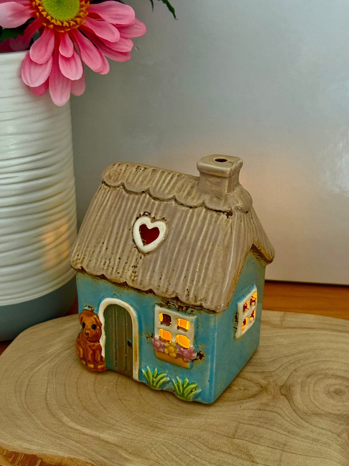 Village Pottery Blue Garden Thatched Cottage Tea Light Holder