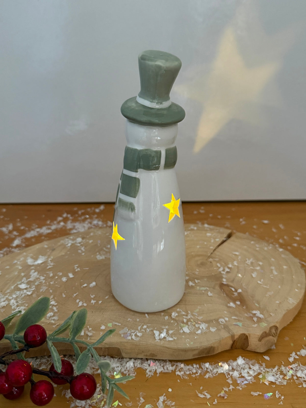 Light Up Green & White Ceramic Snowman - 2 sizes