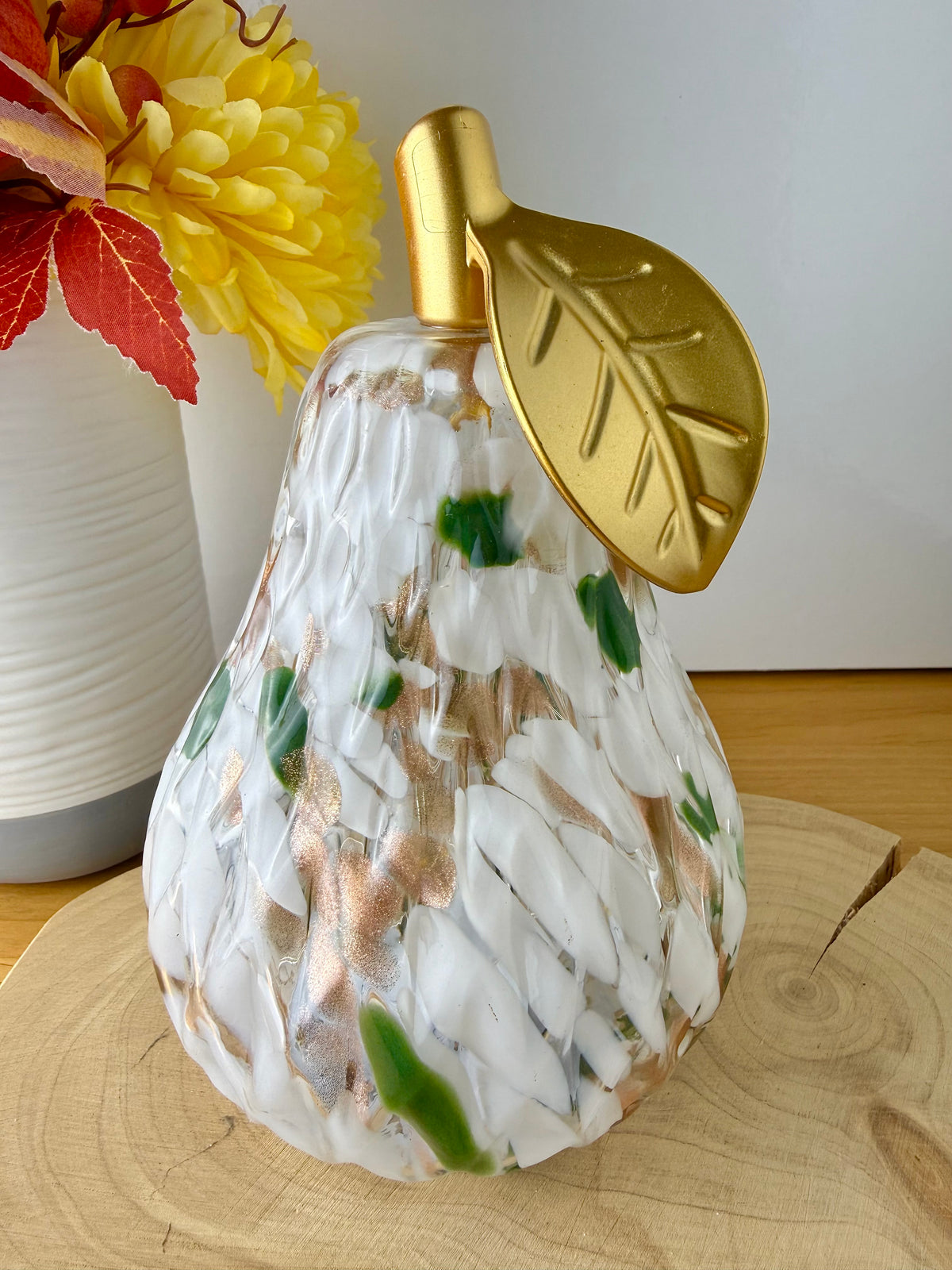 Diamond Cut Light Up Pear - Mottled Green with gold leaf - 2 Sizes