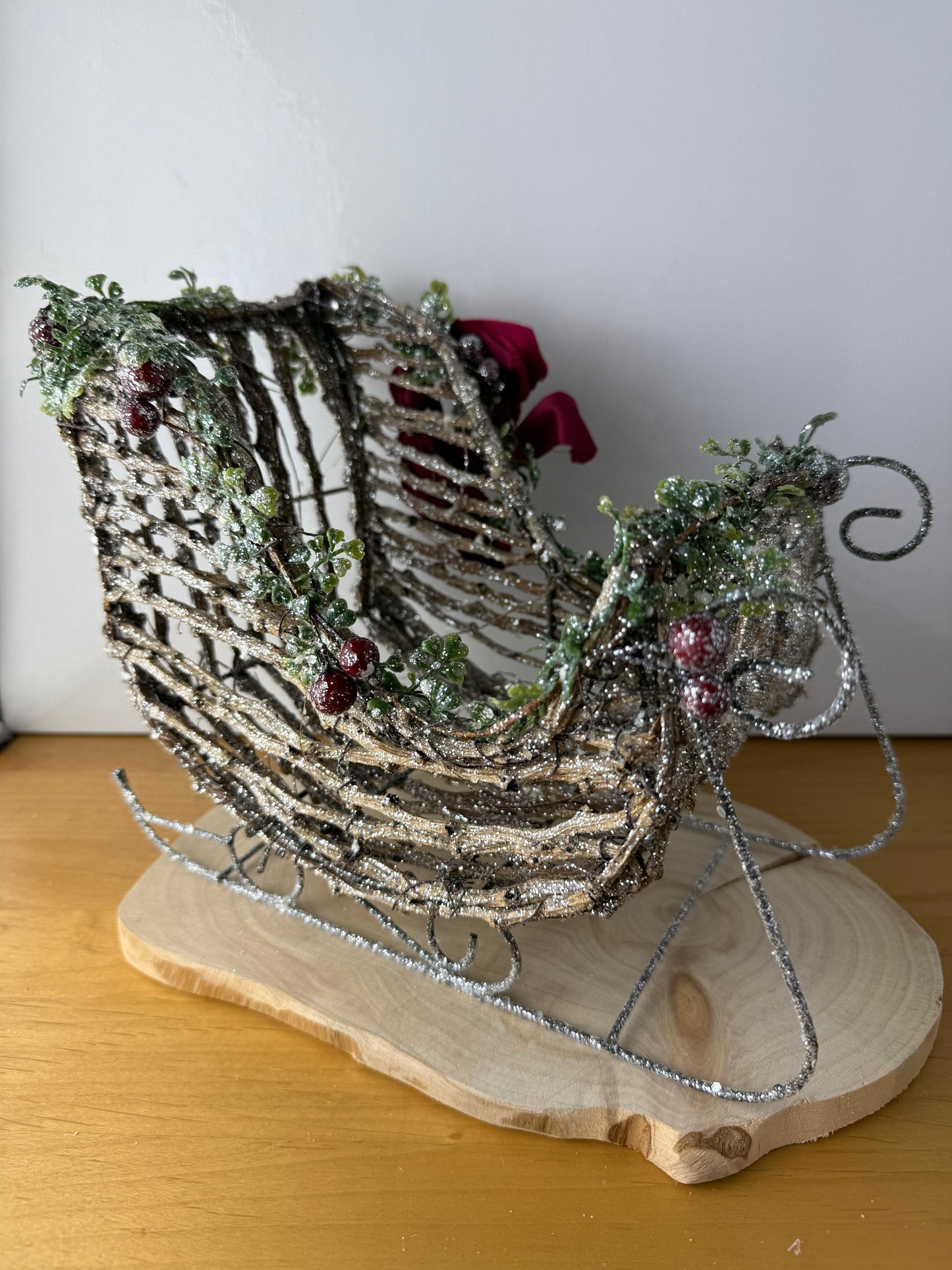 Wooden Christmas Sleigh with Red velvet bow