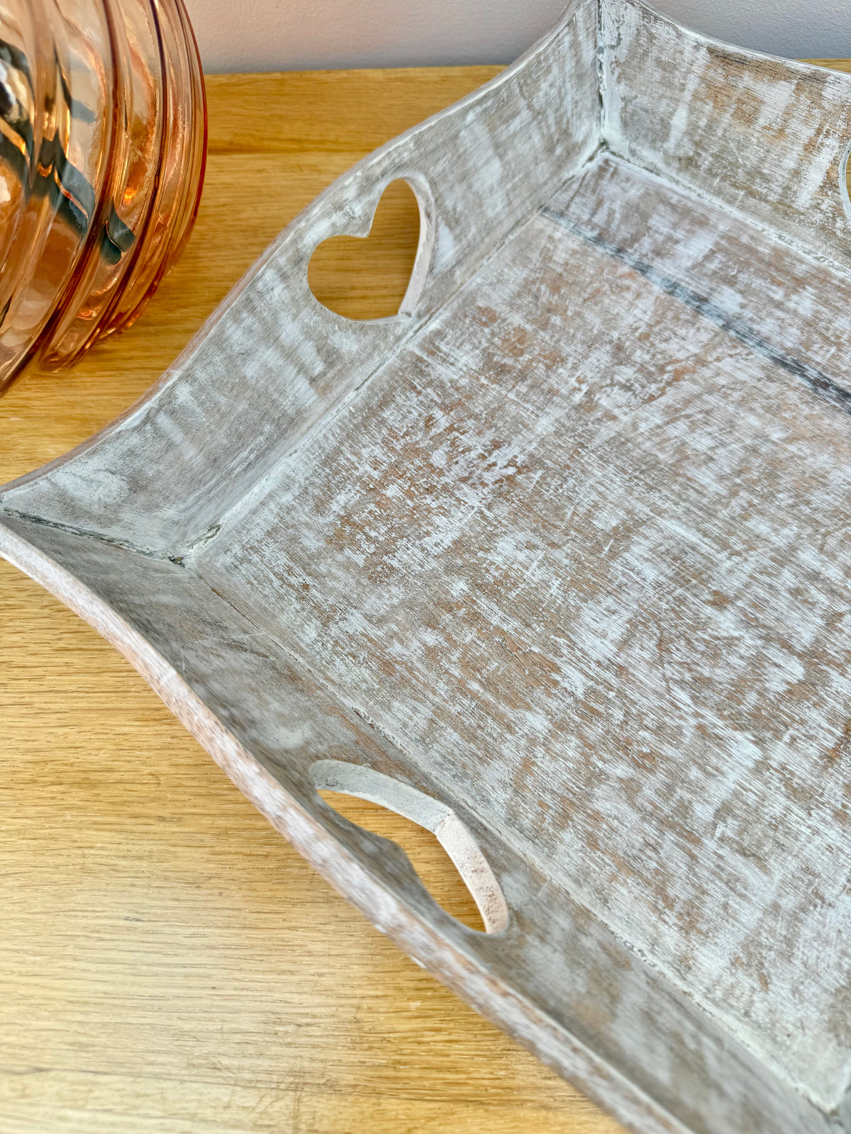 Wooden square tray with heart cutouts