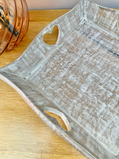 Wooden square tray with heart cutouts