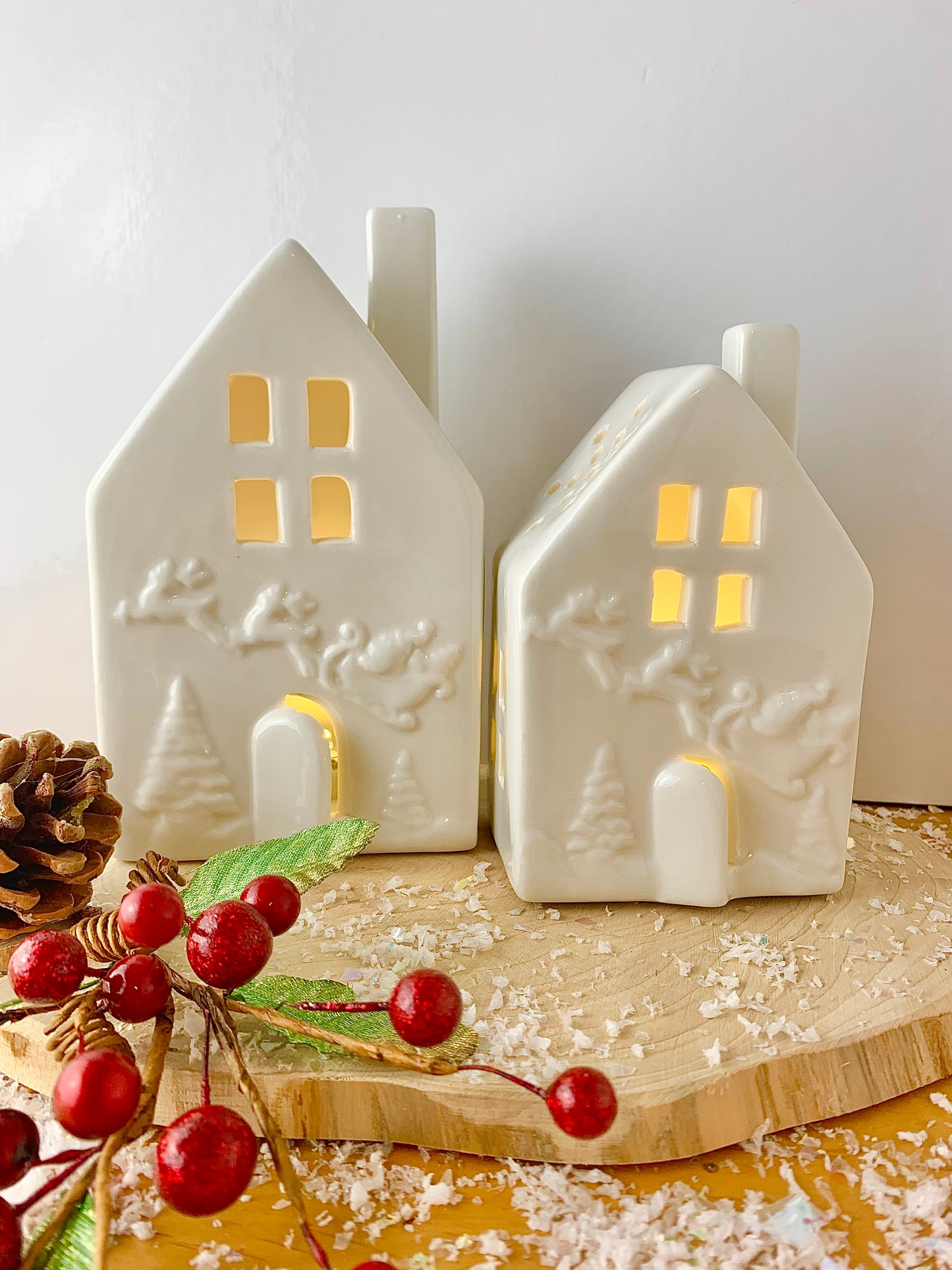 White Ceramic LED House with Santa & Sleigh - 2 sizes