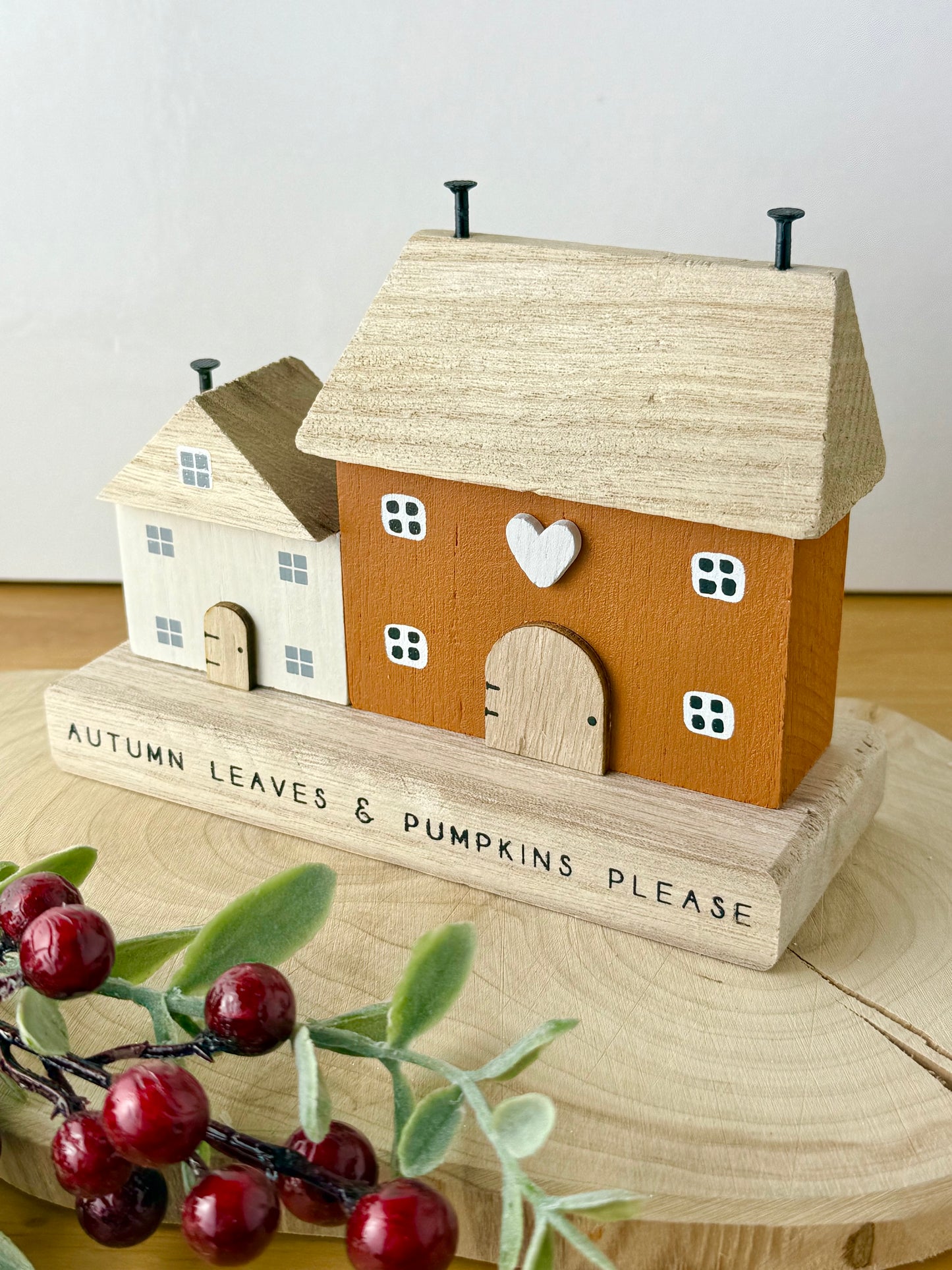 Autumn leaves & pumpkin wooden houses