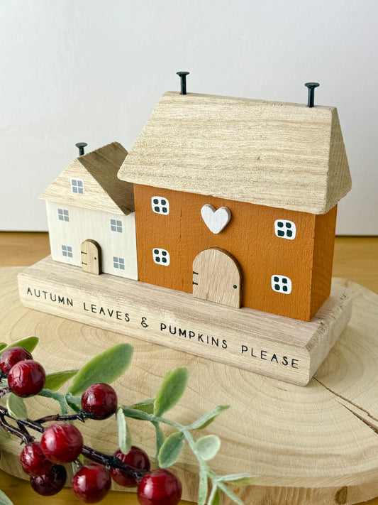 Autumn leaves & pumpkin wooden houses