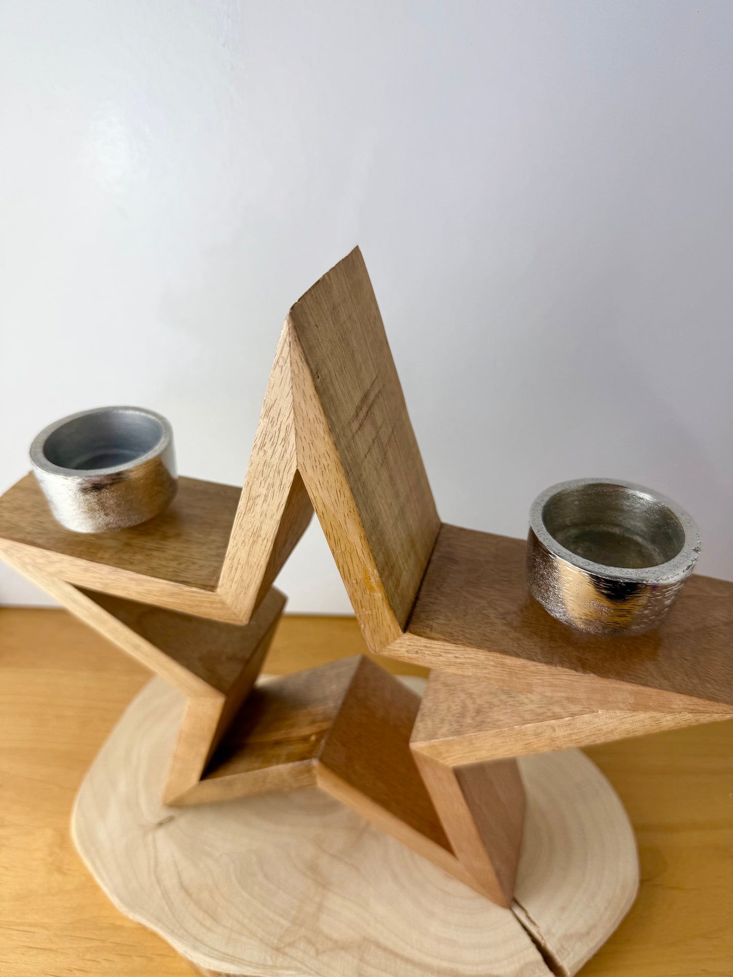 Wooden Star with silver T-light holders