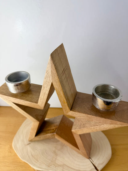Wooden Star with silver T-light holders