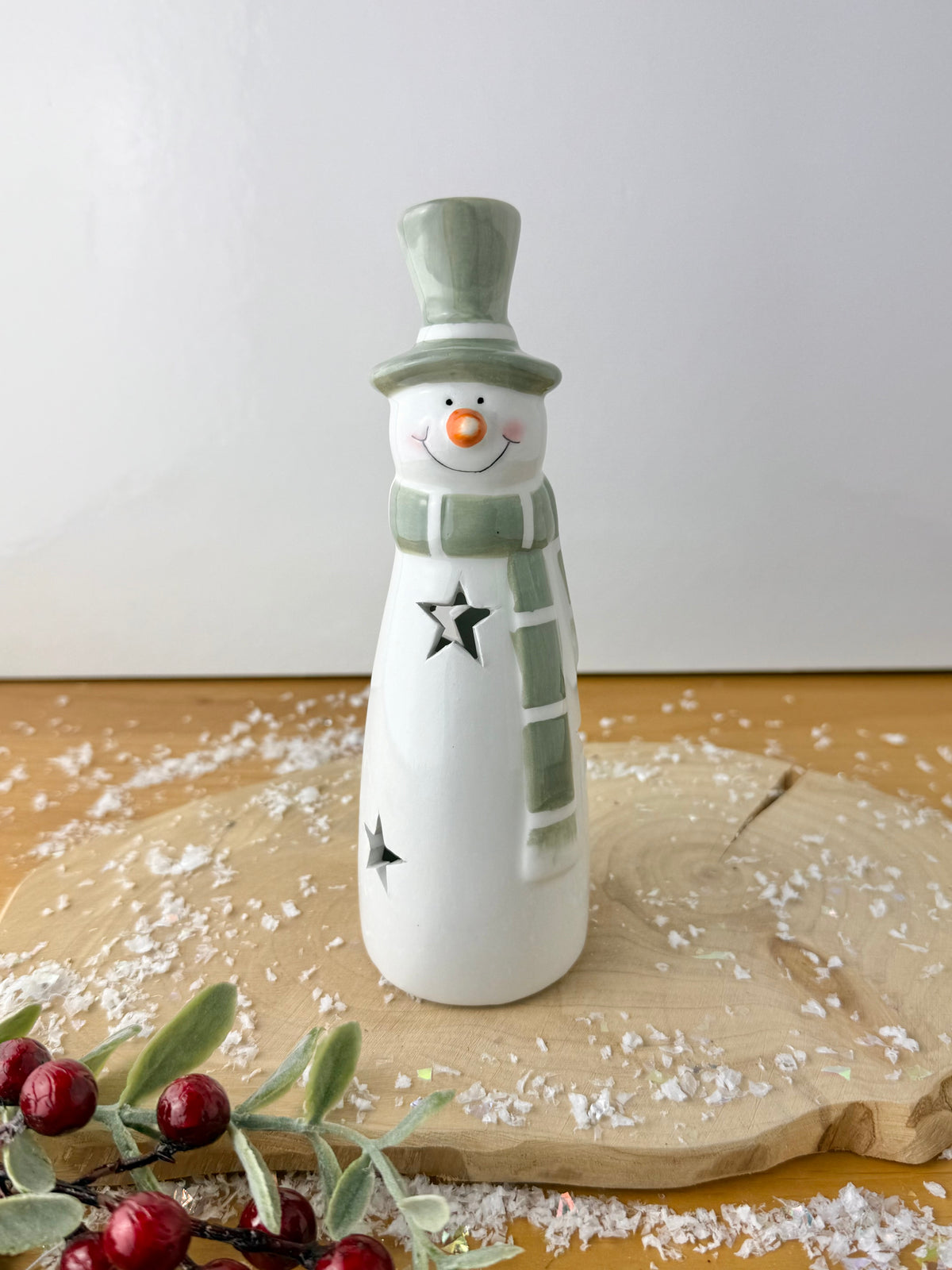 Light Up Green & White Ceramic Snowman - 2 sizes