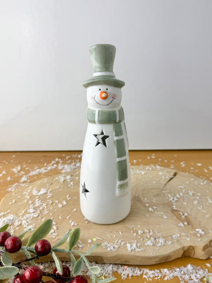 Light Up Green & White Ceramic Snowman - 2 sizes