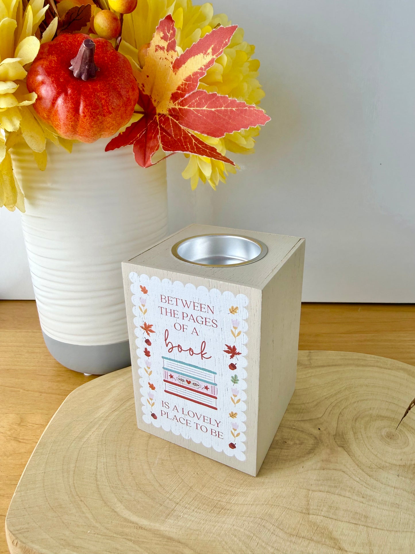 Cosy Chapter Wooden Tea Light Holder - Between the covers of a book is a lovely place to be