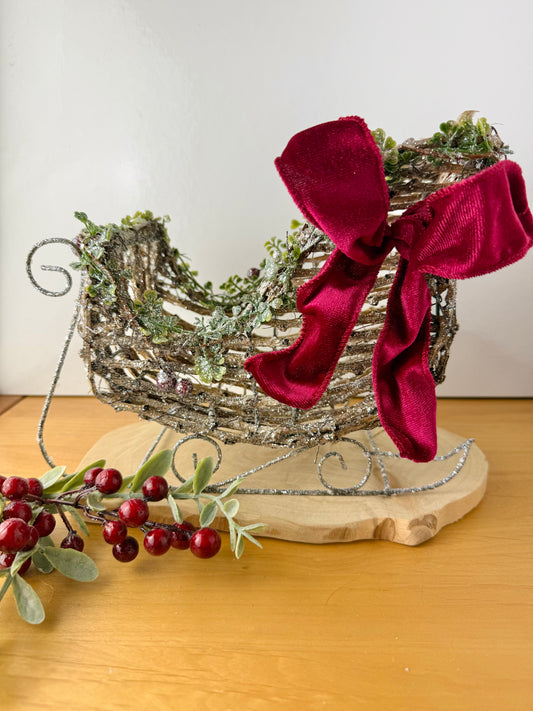Wooden Christmas Sleigh with Red velvet bow