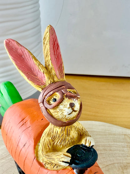 Jasper Rabbit sitting in a carrot car