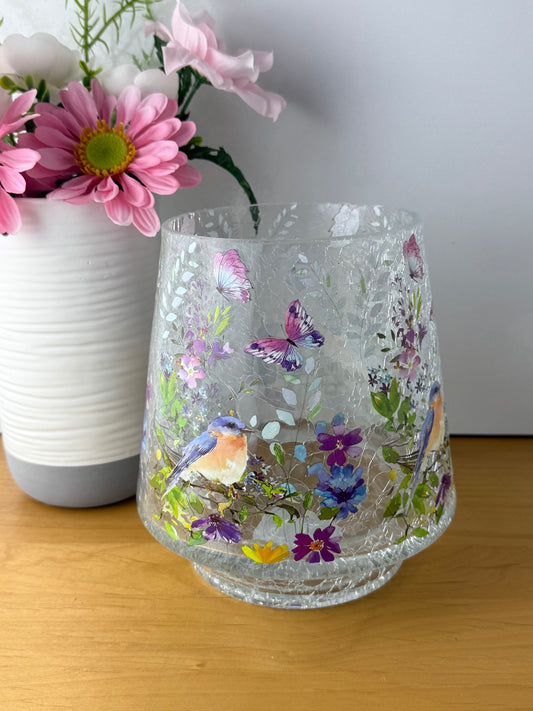 Floral Bird Hurricane Glass Vase - large