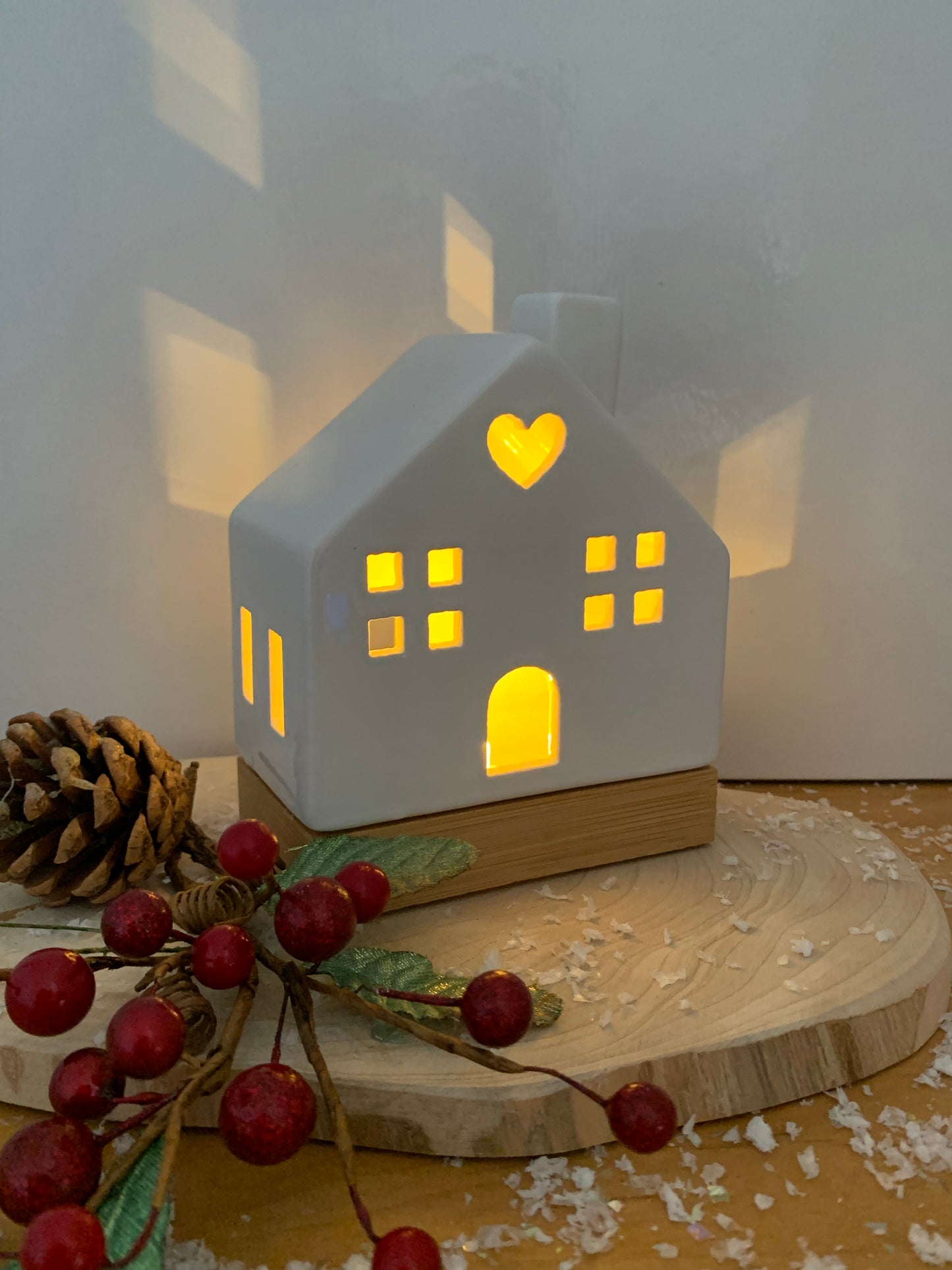 White Ceramic LED House with wooden base