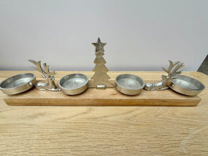 Wooden Silver Reindeer and Christmas Tree T-light holder