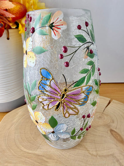Pretty Butterfly Crackled glass Light Up Vase
