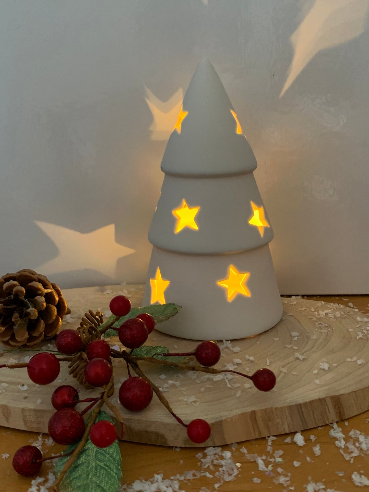 White Ceramic LED Christmas Tree with Star cutouts