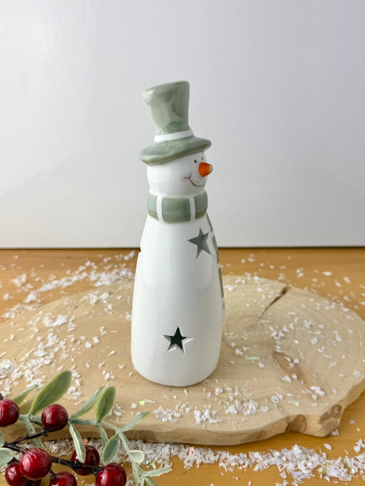 Light Up Green & White Ceramic Snowman - 2 sizes