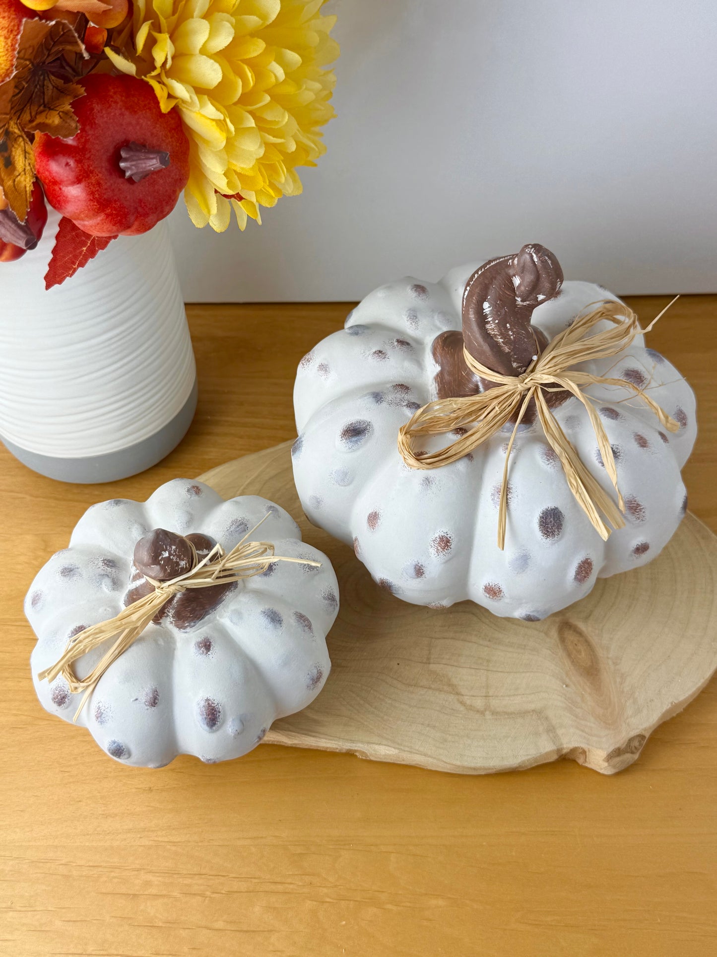 White textured pumpkins with rattan bow - Set of 2