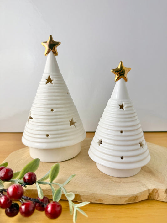 White & Gold Ceramic Light Up Christmas Tree