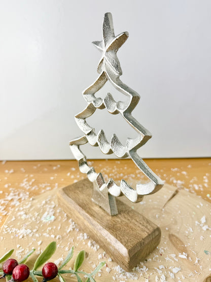 Wooden Base Silver Christmas Tree with Star - 2 Sizes