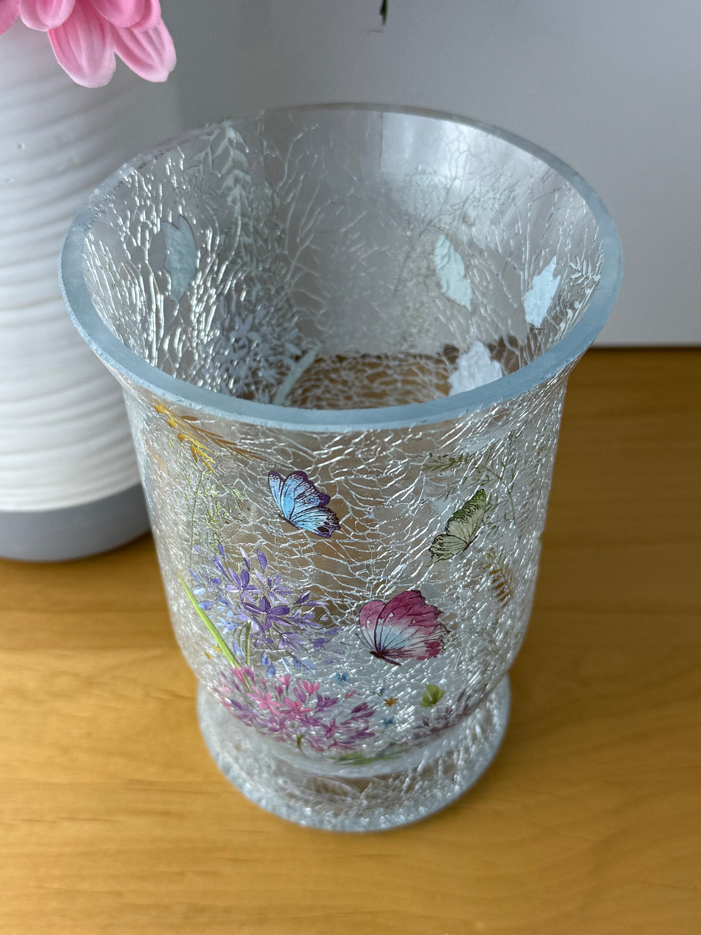 Floral Butterfly Hurricane Glass Vase - medium