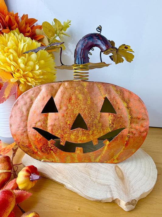 Rustic Orange Metal Pumpkin decoration with decorative stalk