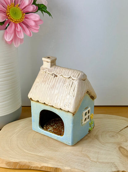 Village Pottery Blue Garden Thatched Cottage Tea Light Holder