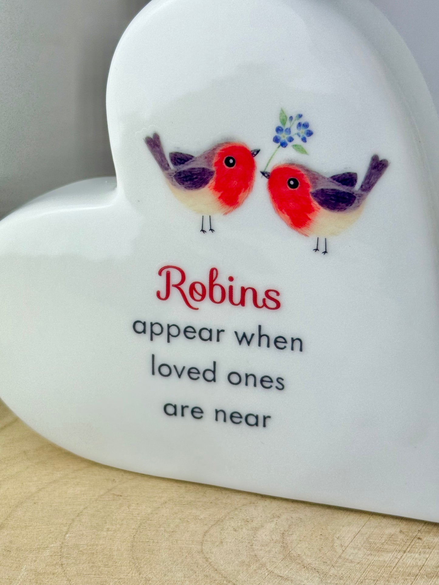 Robin Forget me Not standing ceramic heart