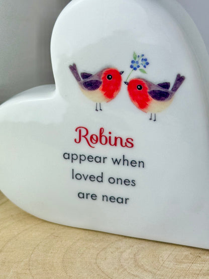 Robin Forget me Not standing ceramic heart