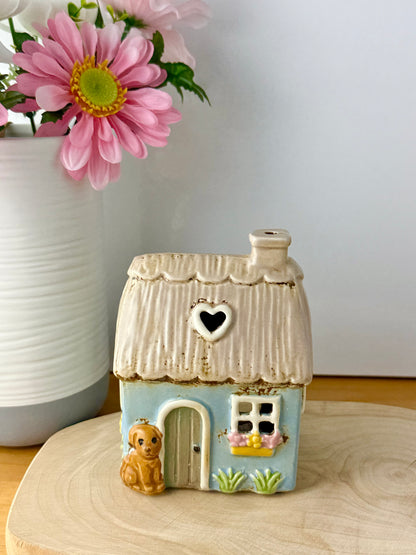 Village Pottery Blue Garden Thatched Cottage Tea Light Holder