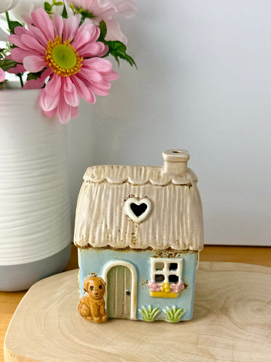 Village Pottery Blue Garden Thatched Cottage Tea Light Holder