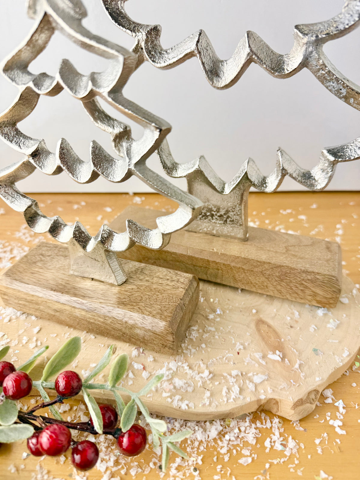 Wooden Base Silver Christmas Tree with Star - 2 Sizes