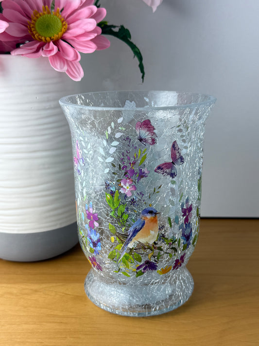 Floral Bird Hurricane Glass Vase - medium